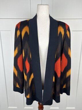 Misook Open Front Knit Jacket M Black Orange Ikat Geometric Lightweight Career
